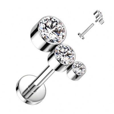 Joia de Titanio -Labret com 3 zirconias em tamanho crescente para cartilagem TIL64