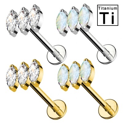 Joia labret de Titanio com 3 cristais bagos de arroz inclinados PWC-017