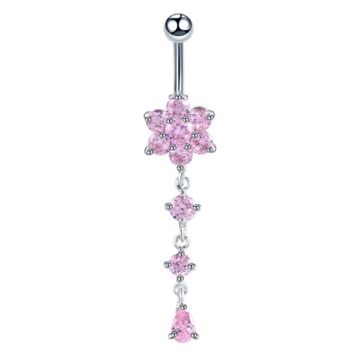 Joia de Aço para umbigo com flor e pendente de flor em zircónias A0811