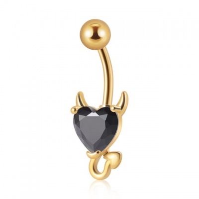 Barra de umbigo aço cirurgico 316L com cristal coração diabinho NSC01 dourado