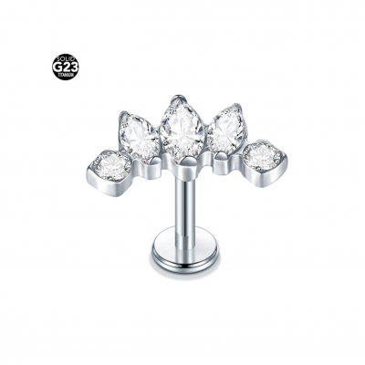 Jóia labret de Titanio G23 para cartilagem, monroe, com 3 zirconias bago de arroz e 2 zirconias redondas TC020