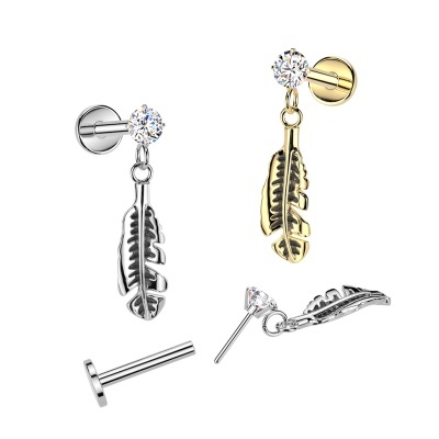 Labret de encaixe por pressão em aço316L com base plana, zircônia cúbica cravejada e pingente de pena ILC29