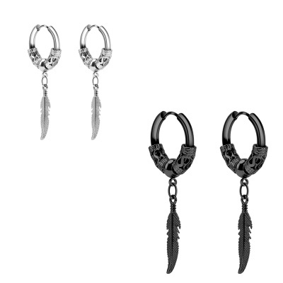 Par de argolas tribal em aço inoxidável com bola e cone/ pena pendente EH049