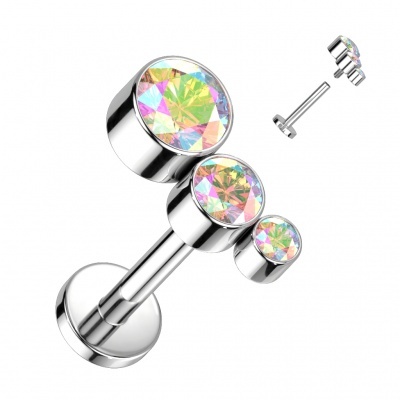 Joia de Titanio -Labret com 3 zirconias em tamanho crescente para cartilagem TIL64