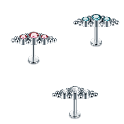 Joia labret de aço cirurgico com formação de 3 zirconias e microbolinhas rosca interna AC0349