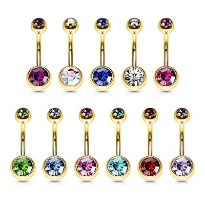 Joia de piercing para umbigo em aço cirurgico dourado com 2 cristais GDPN04