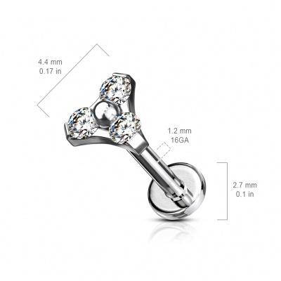 Labret em aço cirúrgico com 3 cristais  - LSI042 - rosca interna