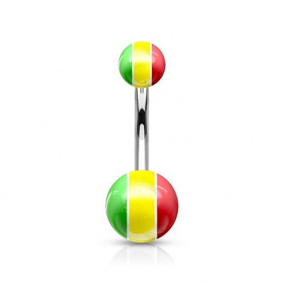 Banana de umbigo em aço cirúrgico com bolas de acrílico e cores rasta -NB-JM
