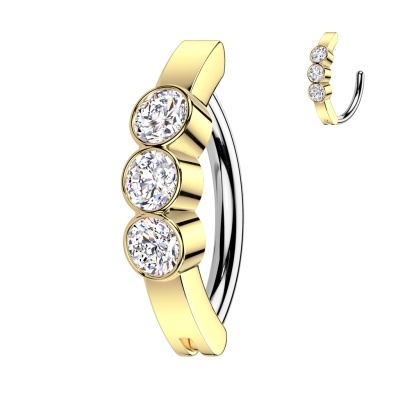 Joia para umbigo, de aço cirurgico em curva, fecho click com 3 zirconias embutidas RHNQ03