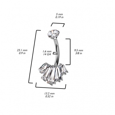 Joia de aço cirurgico para umbigo com zirconia no topo e formação em leque de 5 zirconias NSI10