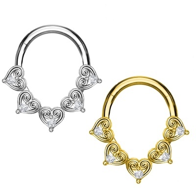 Argola em aço cirurgico para septo com 5 corações e zirconia PY-123