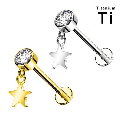 Joia labret em Titanio com pendente lua, estrela ou coração PWC-027