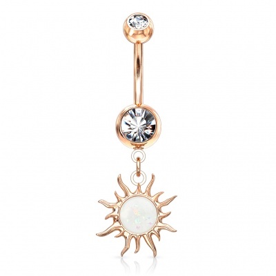 Jóia de aço cirurgico para umbigo com 2 cristais e sol pendente com opala glitter no centro NSQ-5061