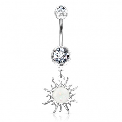 Jóia de aço cirurgico para umbigo com 2 cristais e sol pendente com opala glitter no centro NSQ-5061