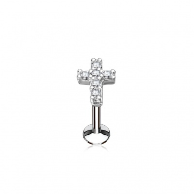 Labret de cartilagem em aço cirúrgico 316L com pequena cruz de cristais  - LIQ07
