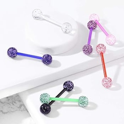 Barra de Língua em silicone de bolas transparentes com purpurinas  - BL2