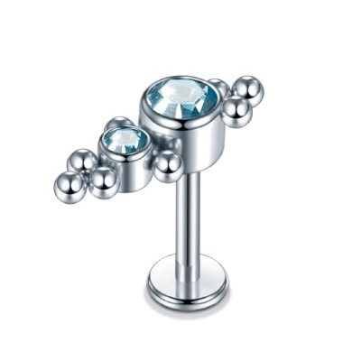 Joia labret de Aço com topo 2 zirconias e microbolas S1802