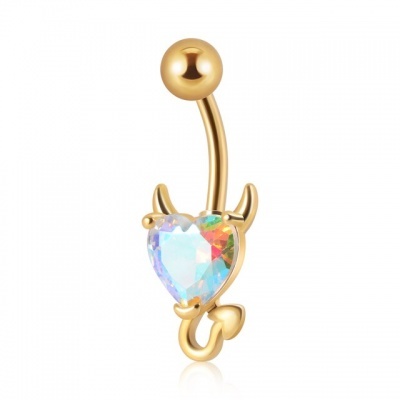 Barra de umbigo aço cirurgico 316L com cristal coração diabinho NSC01 dourado