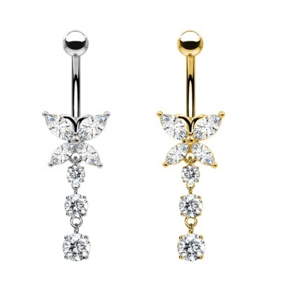 Jóia de piercing em aço cirurgico para umbigo com   borboleta e pendente de cristais PD-199