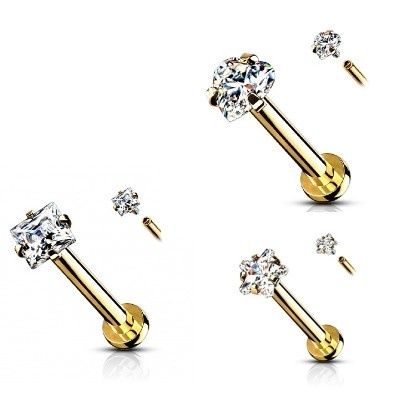 Joia labret em aço cirurgico dourado com figuras em zirconia LSI040