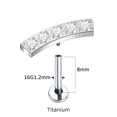 Joia labret de Titanio com formação em curva de 5 zirconias de engaste TC073 Joia labret de Titanio com formação em curva de 5 zirconias de engaste TC073