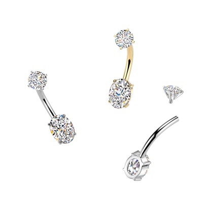 Piercing de umbigo com zircônia oval cúbica cravejada em garras, todo em aço  316L, com topo em zircônia cúbica.NSI26