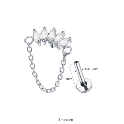 Joia labret de Titanio com 5 zirconias bago arroz e corrente TC062 Joia labret de Titanio com 5 zirconias bago arroz e corrente TC062