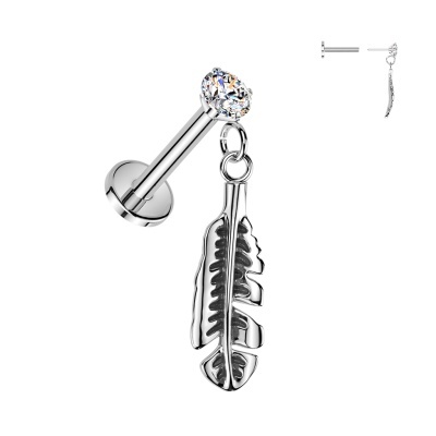 Labret de encaixe por pressão em aço316L com base plana, zircônia cúbica cravejada e pingente de pena ILC29