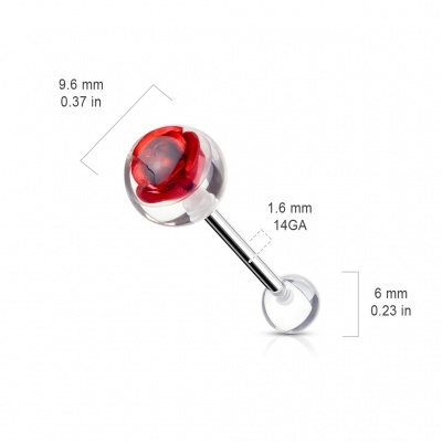 Barra para piercing de lingua em aço cirurgico com rosa metal em bola de transparente BAD-1101