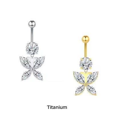 Joia de Titânio para umbigo com  zirconia redonda e borboleta de zircónias  pendente TN054- FC600   