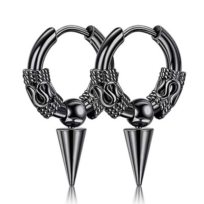 Par de argolas tribal em aço inoxidável com bola e cone/ pena pendente EH049