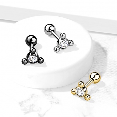 Barra  de  aço cirúrgico com cristal e 3 bolinhas - JA1073