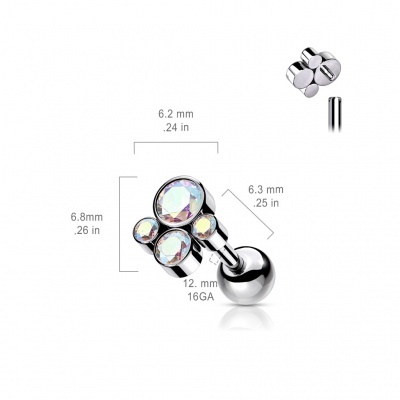 Jóia de Titânio G23, barra com rosca interna, com bola e conjunto de 4 zirconias biseladas TIJ10