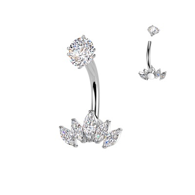Piercing de umbigo em forma de leque com zircônia cúbica marquise cravejada em garras, todo em aço 316L com rosca interna NSI43.