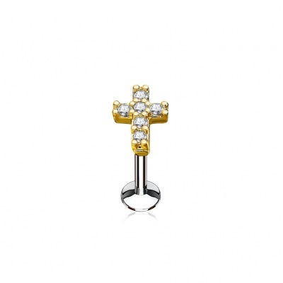 Labret de cartilagem em aço cirúrgico 316L com pequena cruz de cristais  - LIQ07