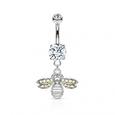 Jóia de aço cirurgico para umbigo com cristal e abelha pendente com micro cristais a.boreal nas asas N20332