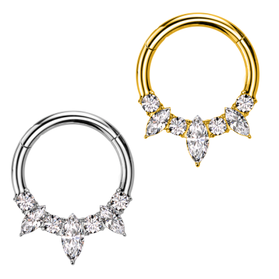 Argola clicker de aço cirurgico com formação coroa invertida de zirconias PY-136