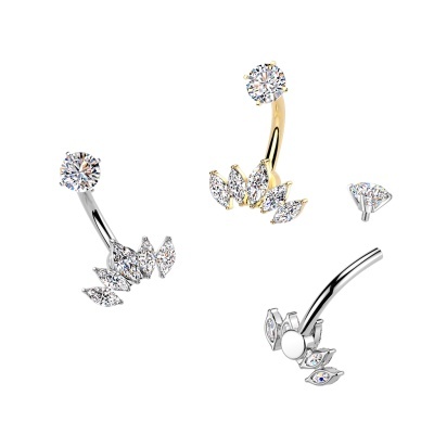 Piercing de umbigo em forma de leque com zircônia cúbica marquise cravejada em garras, todo em aço 316L com rosca interna NSI43.