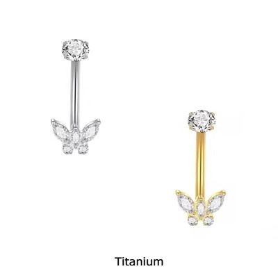 Joia de Titânio para umbigo com zirconia no topo e borboleta de zircónias TN029