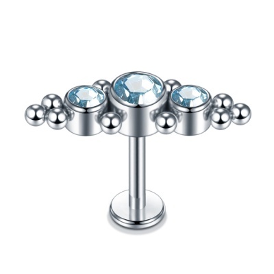 Joia labret de aço cirurgico com formação de 3 zirconias e microbolinhas rosca interna AC0349