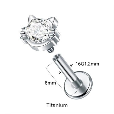 Joia labret de Titanio com cabeça de gato e zirconia TC322