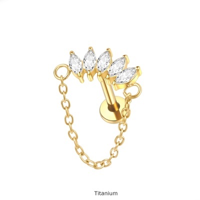 Joia labret de Titanio com 5 zirconias bago arroz e corrente TC062 Joia labret de Titanio com 5 zirconias bago arroz e corrente TC062