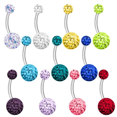 Jóia de piercing em aço cirurgico para umbigo com duas bolas multicristais cobertas com resina PD-003