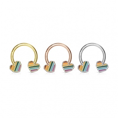 Argola aberta: ferradura em  aço cirúrgico com coração raimbow - HSC09