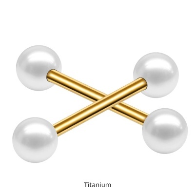 Joia barbell em Titanio dourado com bolas efeito perola T1006 Joia barbell em Titanio dourado com bolas efeito perola T1006