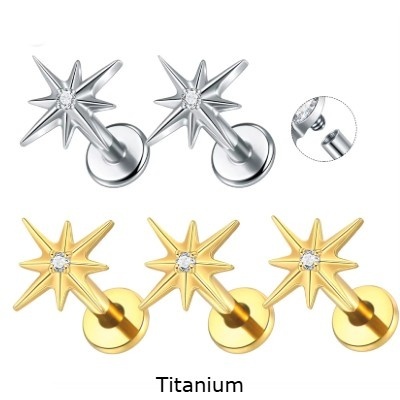 Joia labret em Titânio com estrela radiante e cristal TC297