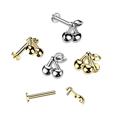 Labret com rosca interna em aço 316L, base plana e topo em formato de cereja LIA34