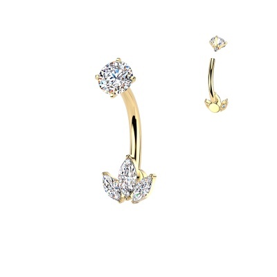 Piercing de umbigo em aço 316L com rosca interna, cravação em garra e três zircônias cúbicas em formato de coroa NSI37