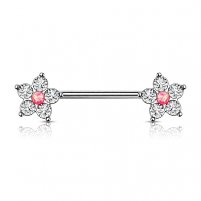 Barra de mamilo em aço cirúrgico com flor de cristais  - K11103
