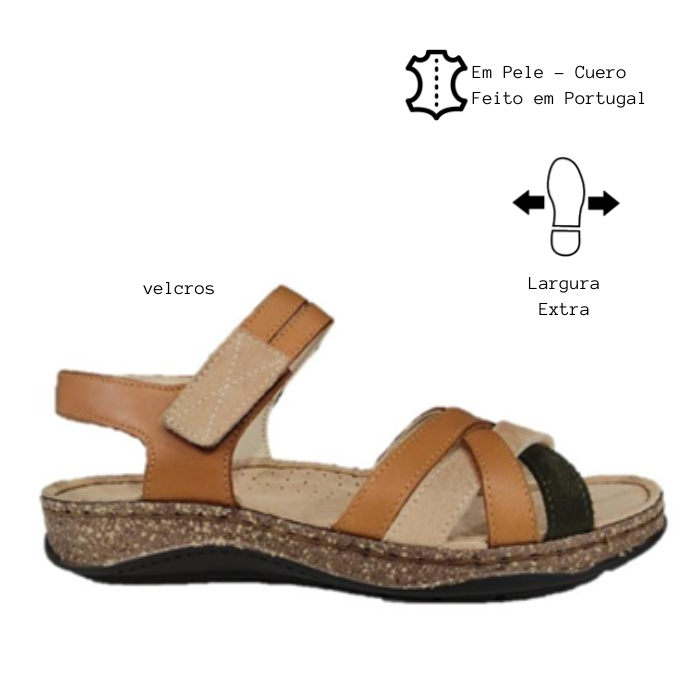 Sandália Conforto em Pele com Largura Extra e Velcros Camel Sandália Conforto em Pele com Largura Extra e Velcros Camel